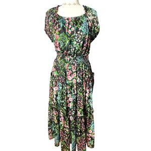 Tommy Hilfiger Boho Floral Midi Dress Black Pink Green Size 12